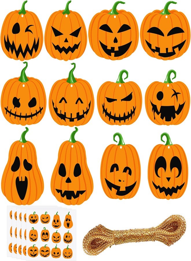 JULBEAR 60Pcs 12 Styles Halloween Pumpkin Cutouts Gift Tags Paper Wrapping Hanging Treat Ornaments Labels with String for Halloween Candy Bags Classroom Bulletin Board Decorations (Style A) - Image 1